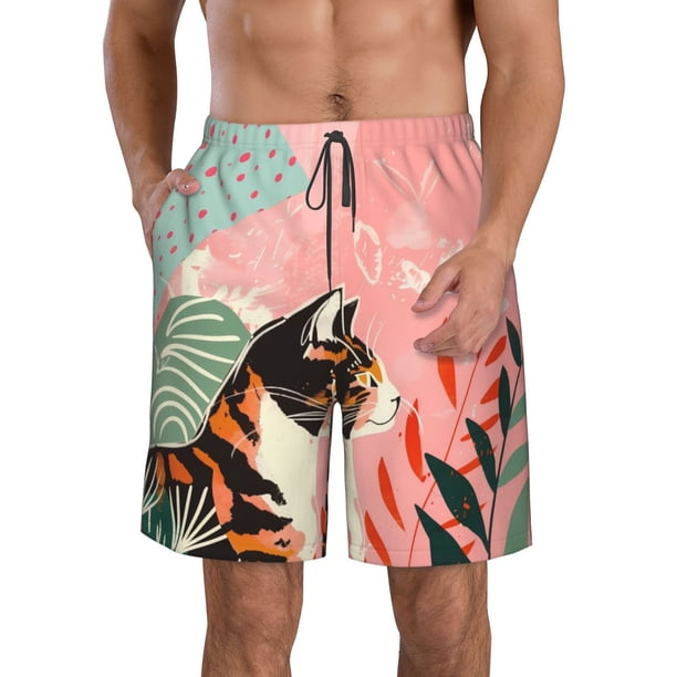 Fotbe Colorful Cat With Flowers Trajes de Baño Estampados para Hombre, Shorts de Verano de Secado Rápido, Ropa de Playa, Bañadores-Large