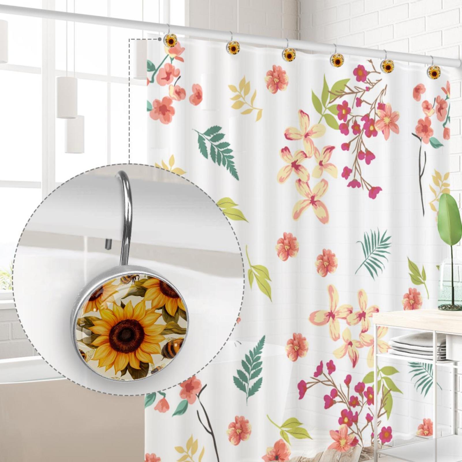 Honey Bees Sunflowers Shower Curtain Hooks Round Crystal Glass, Set of 12 Shower Curtain Rings - Shower Hooks for Curtain Shower Rings