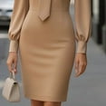 thumbnail image 4 of MORTTIC Women Elegant Solid Color Tie-Waist Long Sleeve Dress Formal Occasion Midi Dress For Spring Summer Khaki，S, 4 of 11