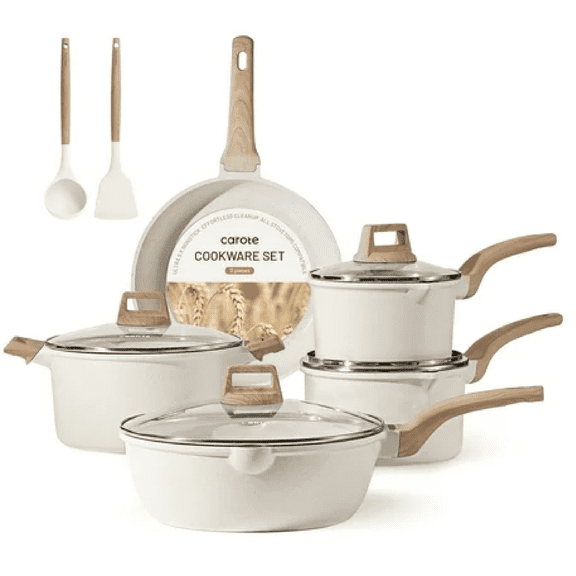 Open Box Carote Non Stick Pots and Pans Set, 7Pcs Induction Kitchen Cookware Sets (Brown)