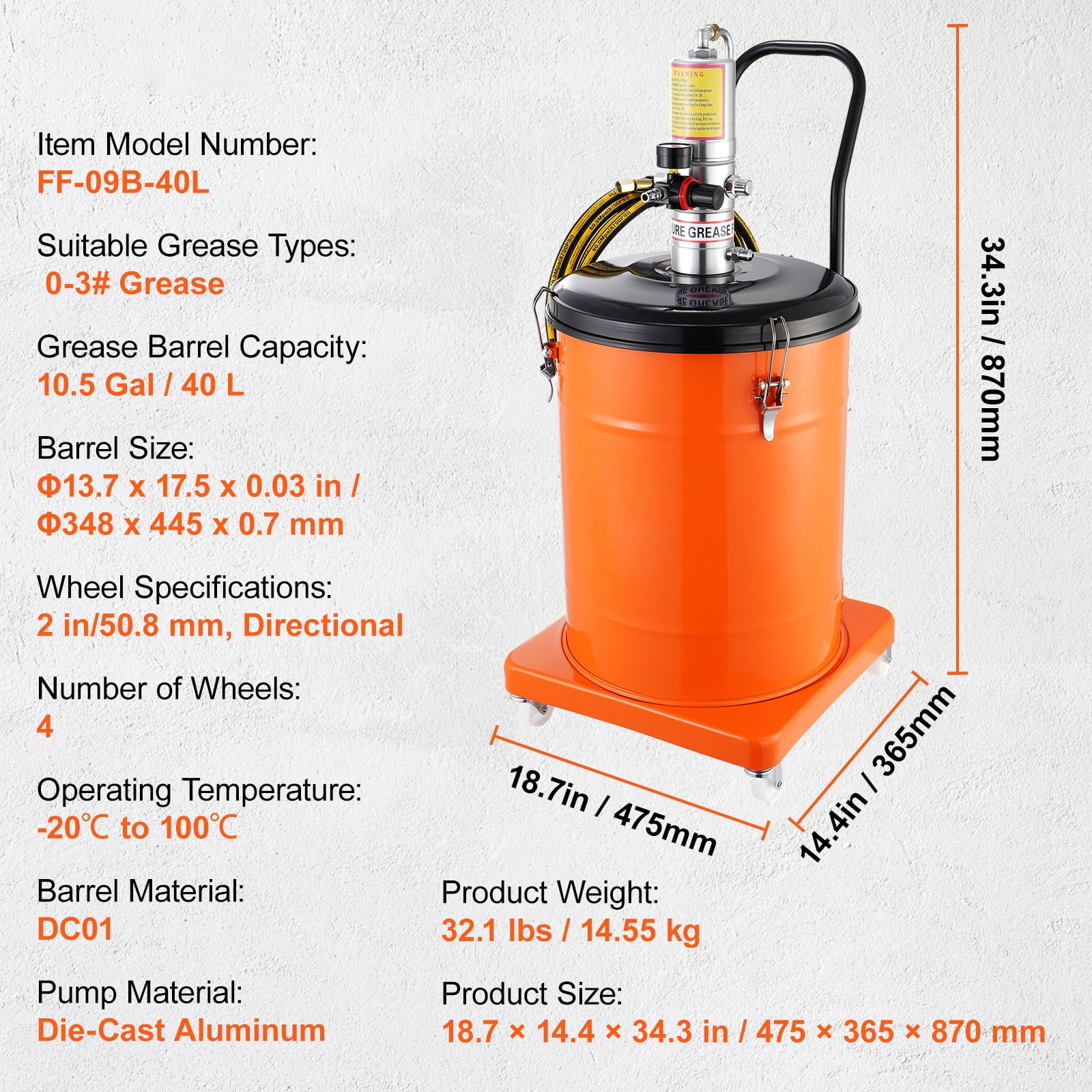 KFFKFF 10.5 Gallon 40L Air-Powered Grease Pump with 13 ft High-Pressure Hose and Grease Gun, Mobile Pneumatic Grease Bucket with Wheels, 50:1 Pressure Ratio for Efficient Lubrication