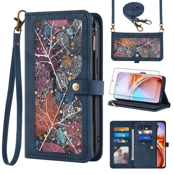 Asuwish Phone Case for Motorola Edge Plus 2023/Edge 40 Pro 5G/Moto X40 Wallet Cover With Tempered Glass Screen Protector Crossbody Wrist Strap Flip Pattern Zipper Credit Card Holder Cell X Blue