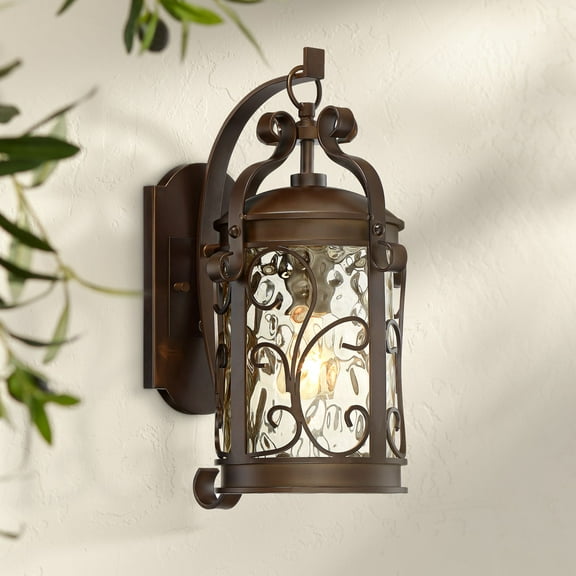 John Timberland Conway Vintage Rustic Outdoor Wall Light Fixture Oil Rubbed Bronze Scroll 17 1/2" Amber Hammered Glass for Post Exterior Barn Deck