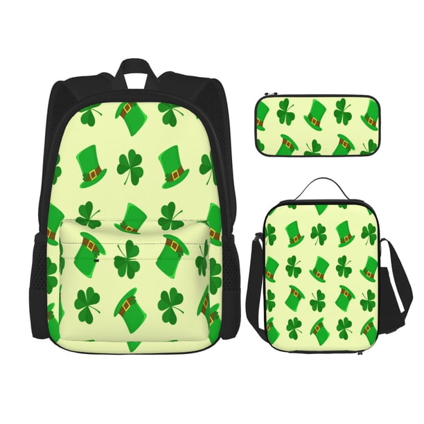 Fotbe St. Patrick's Day Set Escolar 3 en 1 para Niños - Mochila Duradera con Lonchera Aislante y Estuche para Lápices - Mochila Escolar para Niños y Niñas