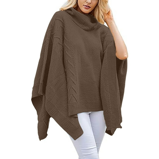 Qetyuw Womens Plus Size Turtleneck Sweater Oversized Batwing Sleeve Asymmetric Knit Poncho Pullover Sweaters