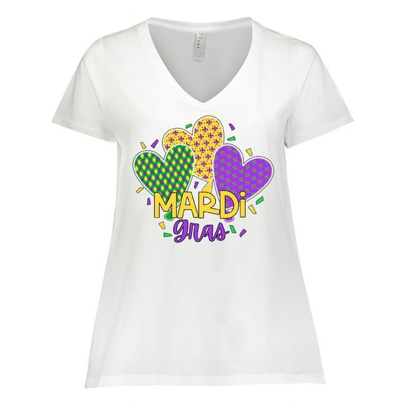 Inktastic Mardi Gras with Hearts and Patterns Women's Plus Size V-Neck T-Shirt
