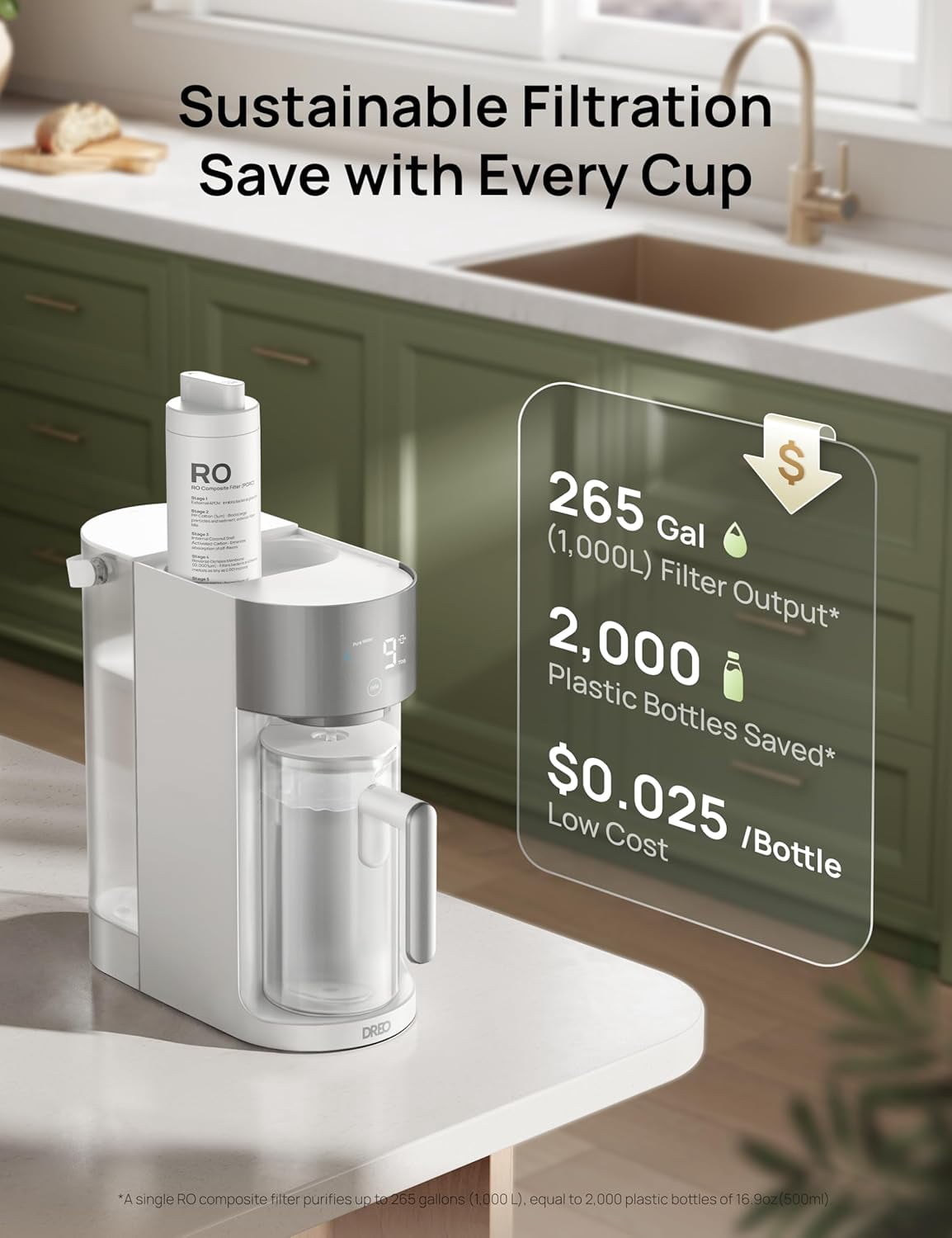 DREO Countertop Reverse Osmosis Water Filter System, 7-in-1 RO Filtration System, 3:1 Pure to Drain, TDS & Filter Life & Autofill Pitcher, Installation-Free, Self-Cleaning Water Purifier,3L, White