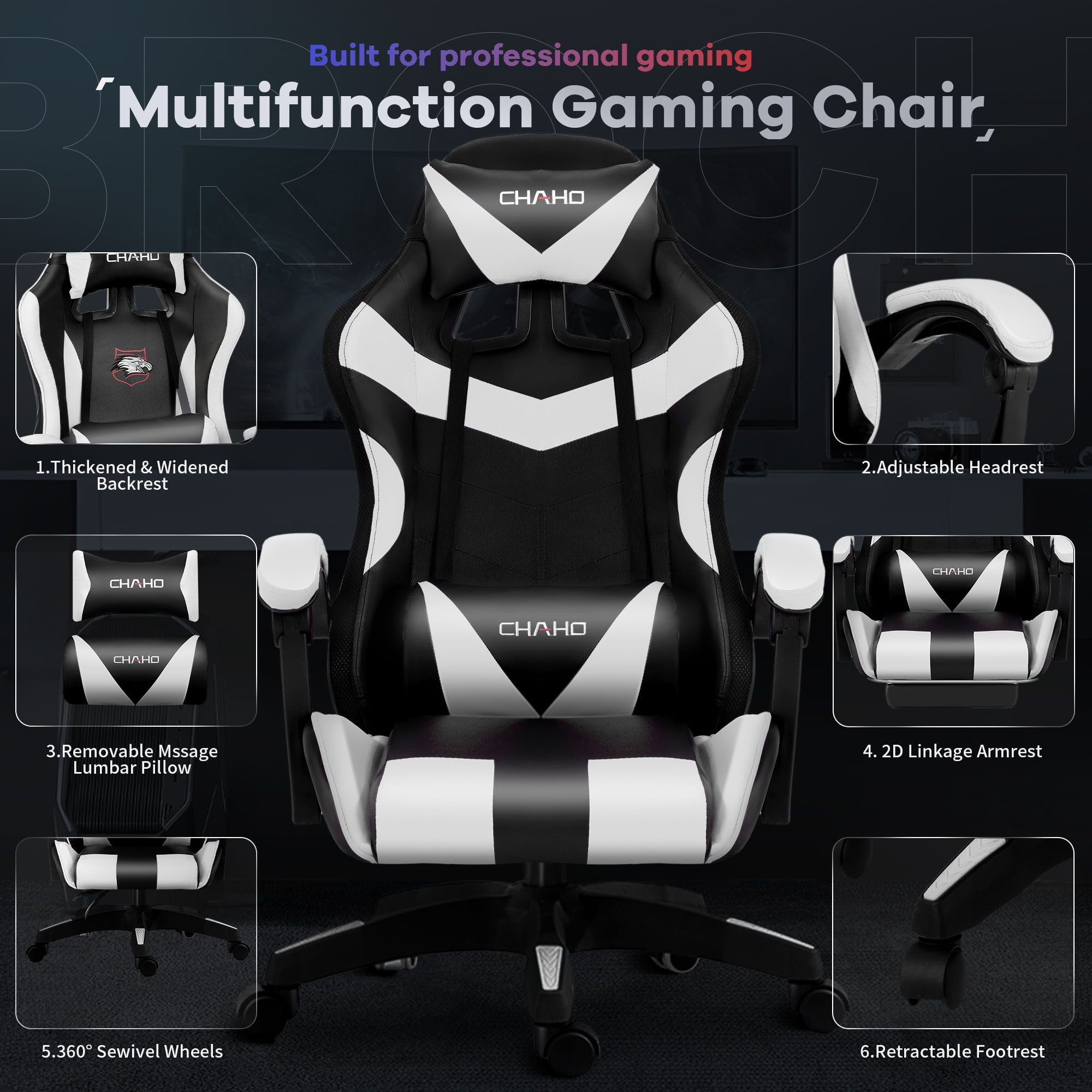 Ergonomic Gaming Chair, Brochao Gaming Chair with Speaker & LED Lights, Computer Racing Chair for Adults, PU Leather Office Chair with Footrest Lumbar Support Headrest, White with Light