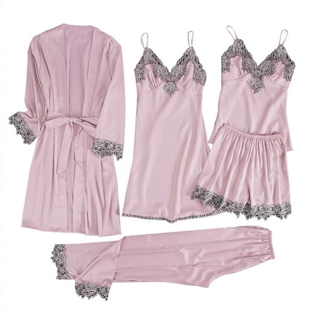 

Women s 5 Piece Sleepwear Solid Floral Lace Trim Satin Cami Pajama Set Silk Nightgown PJs Pajamas Sets with Robe