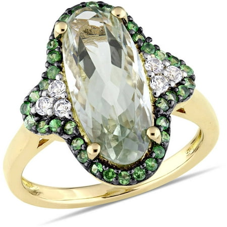 Tangelo 4-1/2 Carat T.G.W. Green Amethyst, Tsavorite and White Topaz Yellow Rhodium-Plated Sterling Silver Cocktail Ring