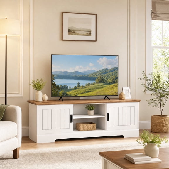 Farmhouse TV Stand for TVs up to 65", Entertainment Center Media Console Table with Sliding Doors and Storage Cabinets,White
