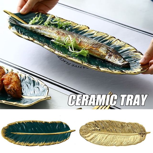 VALINK Gold-Plated Ceramic Tray Dark Green Feather Banana Leaf Shape Plate Snack Storage Tray