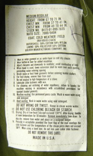 US Army Military M-65 Field Jacket Golden Mfg Mil-Spec