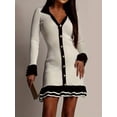 thumbnail image 6 of Womens Long Sleeve Ruffle Hem Knit Sweater Dress Collared Back Tie Knot Cut Out Mini Bodycon Dress Black & White M, 6 of 10