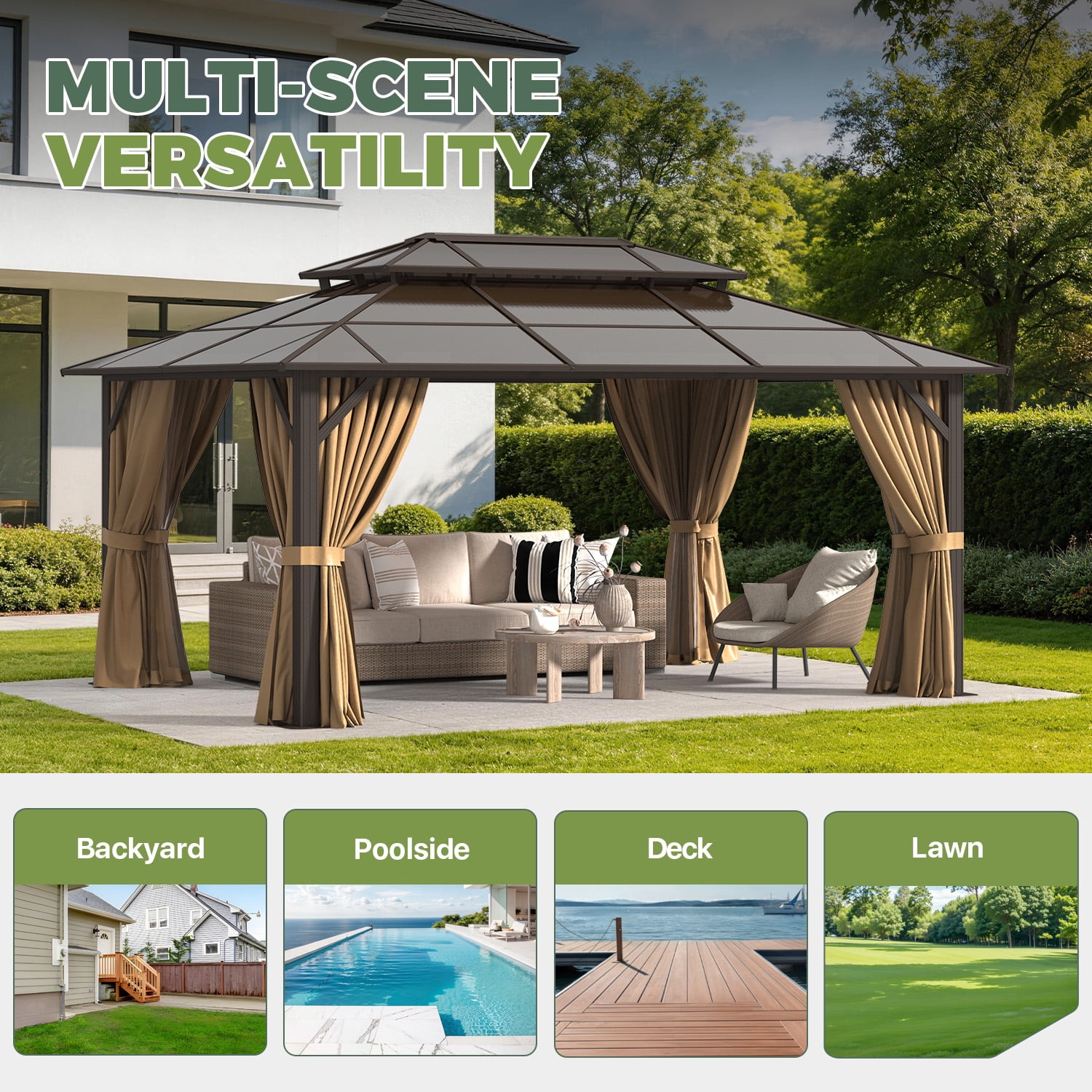 BaPiPro 16x12 FT Outdoor Gazebo, Double Roof Polycarbonate Hardtop, Iron Frame, Bronze Brown, UV Protected, Weather Resistant, for Patio Backyard Deck Lawn