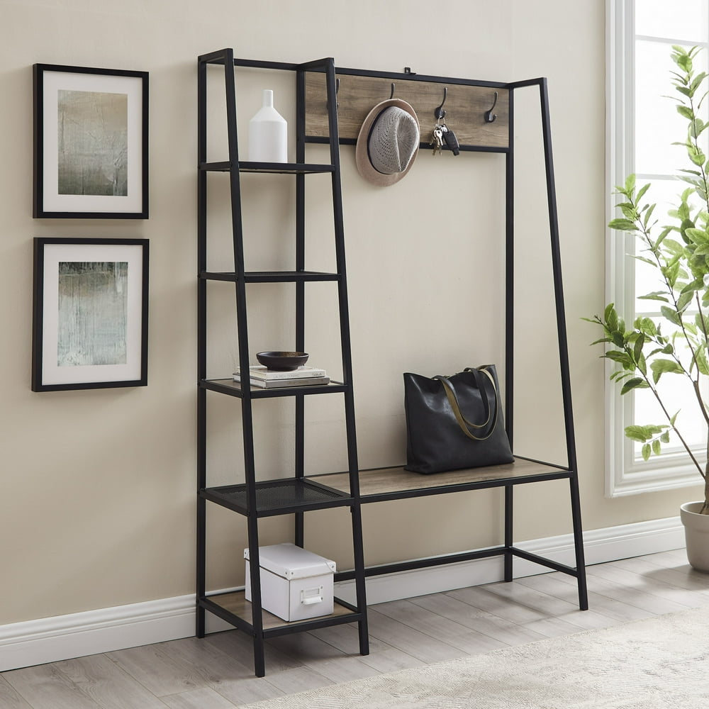 Woven Paths Modern Hall Tree with Bench and 5 Shelves, Grey Wash