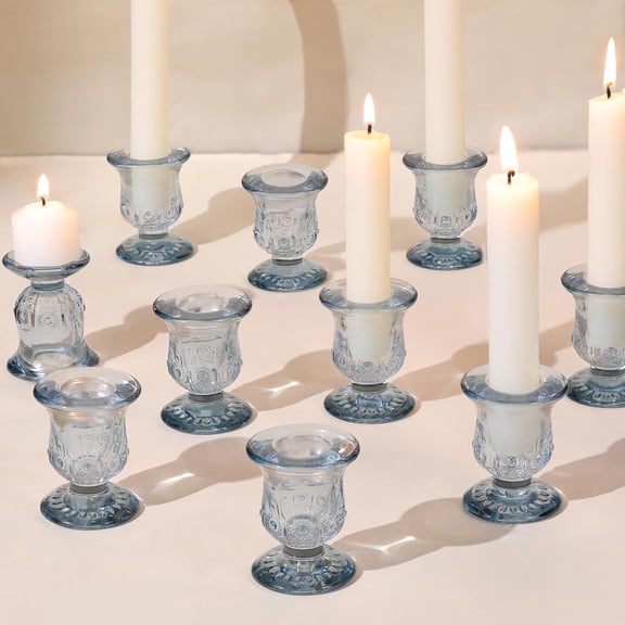 10pcs Blue Candlestick Holders, Glass Taper Candle Holders for Table Centerpiece Decor, Wedding, Birthday, Gift