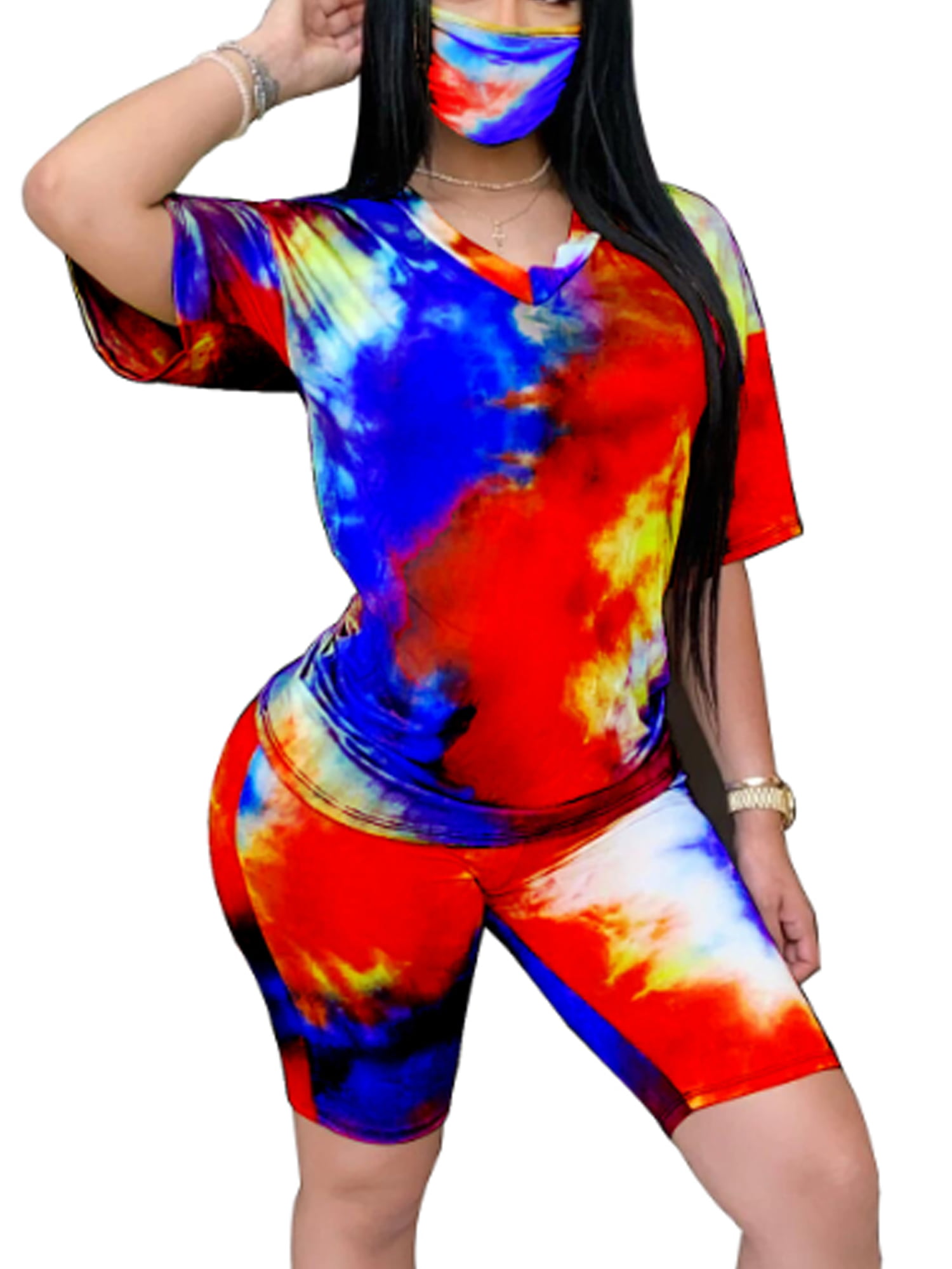 ADEWEL Women Casual 2 Piece Outfit Tie Dye Print Short Sleeve T-Shirts Bodycon Shorts Set Tracksuit Jumpsuit Rompers 