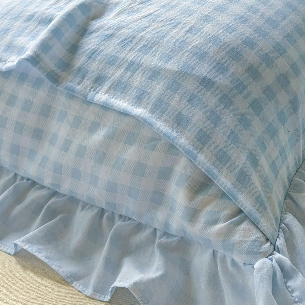 Light Blue Gingham Ruffle Duvet Cover Queen Size, 3 Pieces Soft Pre-Washed Microfiber Checked Plaid Comforter Cover Set, Vintage Farmhouse Bedding Set(Blue Gingham, Queen 90"x90")