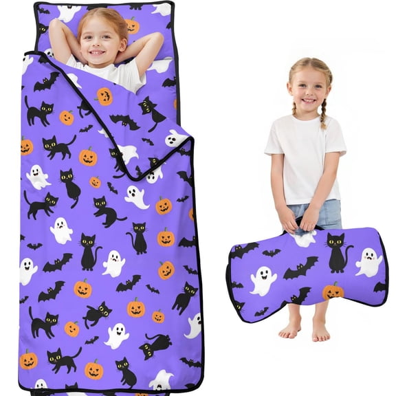 Halloween Cat Purple Pattern Teens Toddler Nap Mat with Pillow, Sleeping Mat Bag for Preschool Daycare 59"x22"