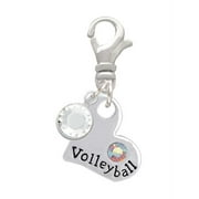 Delight Jewelry Heart with ''Volleyball'' and AB Crystal - Silvertone Clip on Charm with Clear Crystal Drop