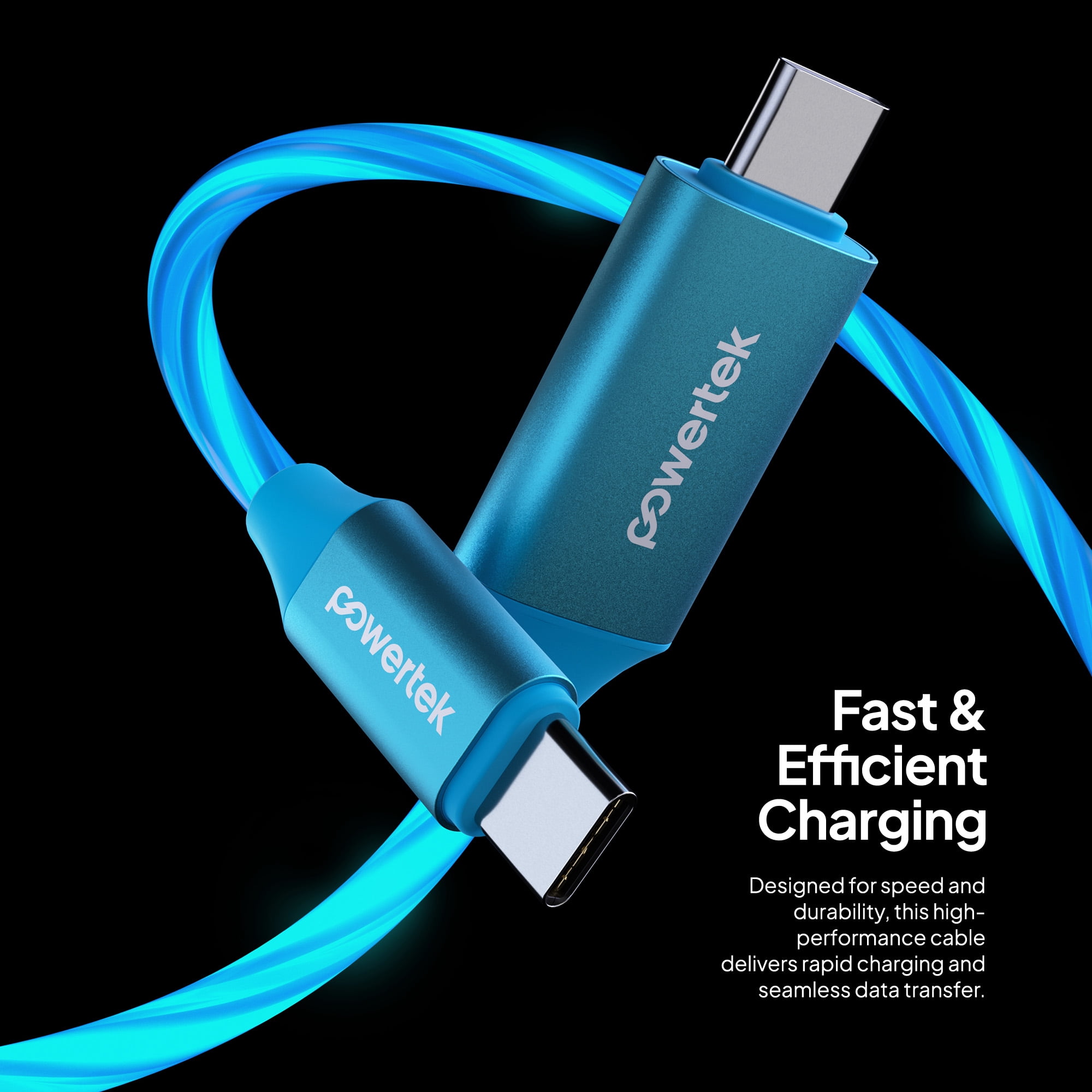 Powertek Light-Up USB-C to USB-C Fast Charging Cable, 60W, 5 ft, Blue