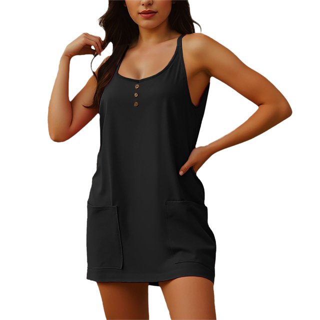 Mono liso de mujer, vestido informal sin mangas con tirantes, botones y bolsillos.