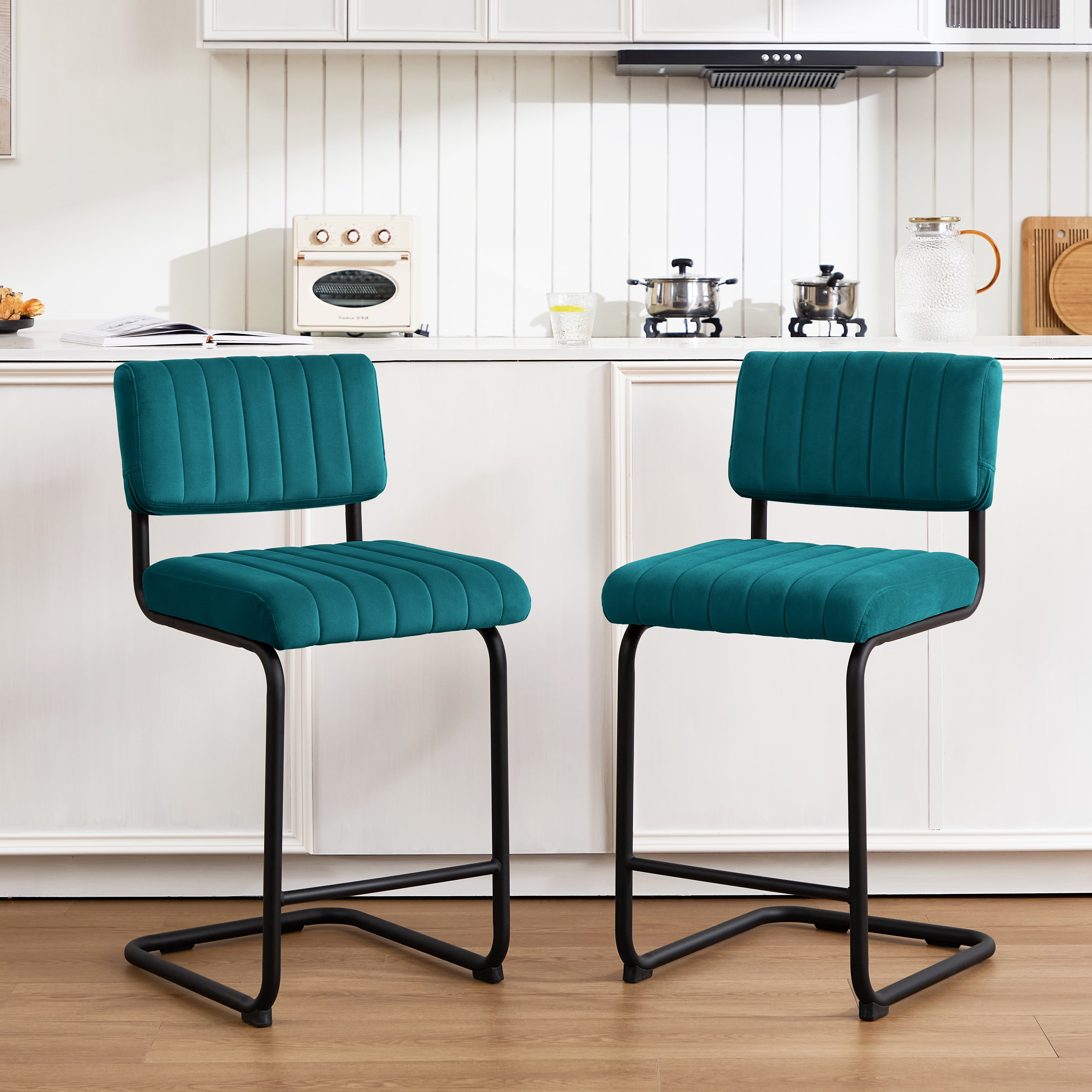ONEVOG 24"H Counter Height Bar Stools Set of 2, Modern Velvet Upholstered Stool with Black Metal Legs for Kitchen Island, Teal