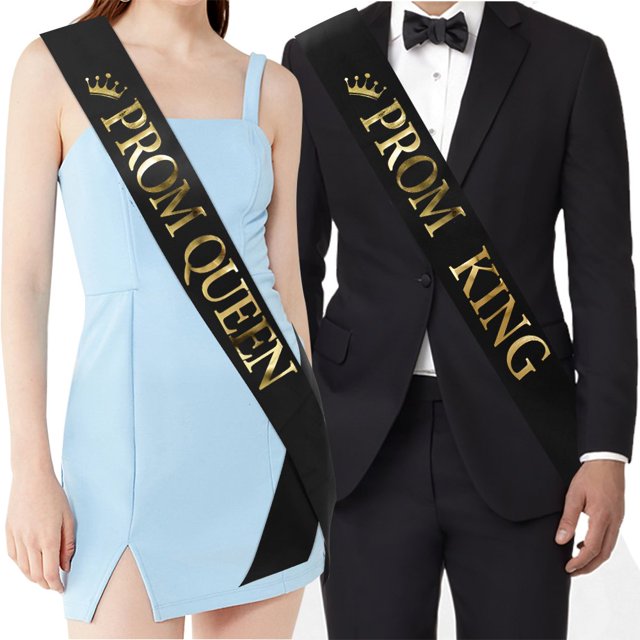 Fajas ""Prom King"" Y ""Prom Queen"" - Accesorios Para Fiesta De Graduación, Fiesta Escolar, Color Negro Con Estampado Dorado