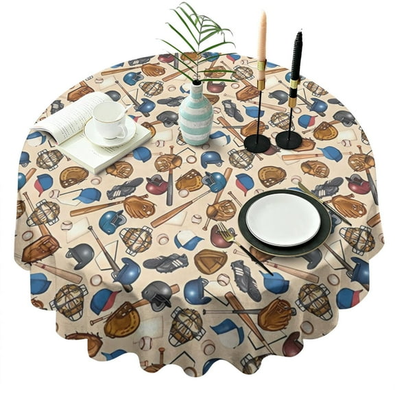 Beige Baseball Gear Pattern Round Tablecloth 60"x60",Wrinkle Wipeable Table Cloth for Kitchen Dining Room Picnic Patio Party