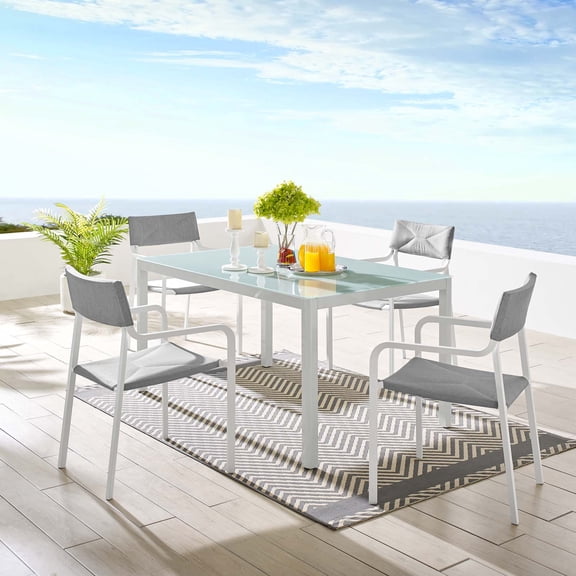 Modway Raleigh 5 Piece Outdoor Patio Aluminum Dining Set in White Gray