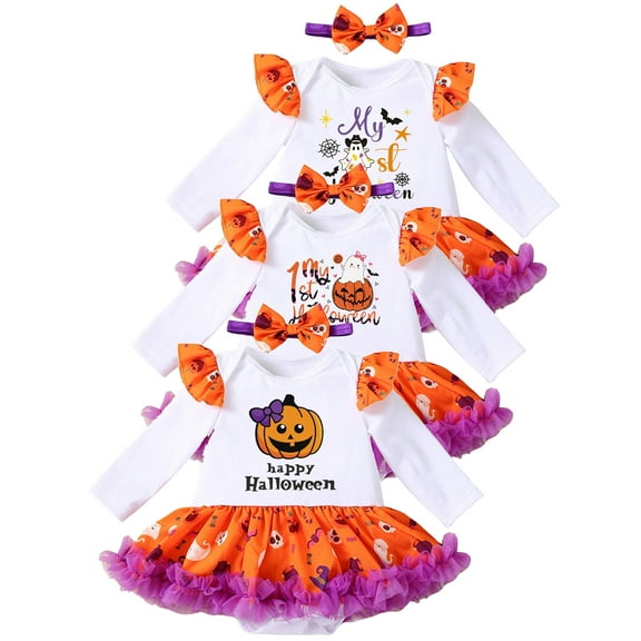 WIBACKER My 1st Halloween Infant Baby Girl Ruffled Sleeve Romper Dress, Newborn Pumpkin Onesie Bodysuit Dresses with Bow Headband