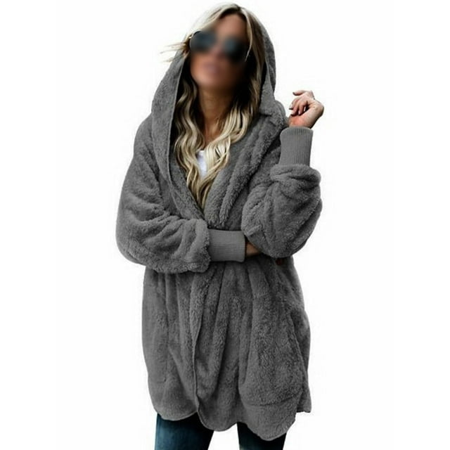 Daeful Manteau d'Extérieur à Capuche Veste à Manches Longues Femme Cardigan Duveteux Décontracté Pardessus Gris Foncé S