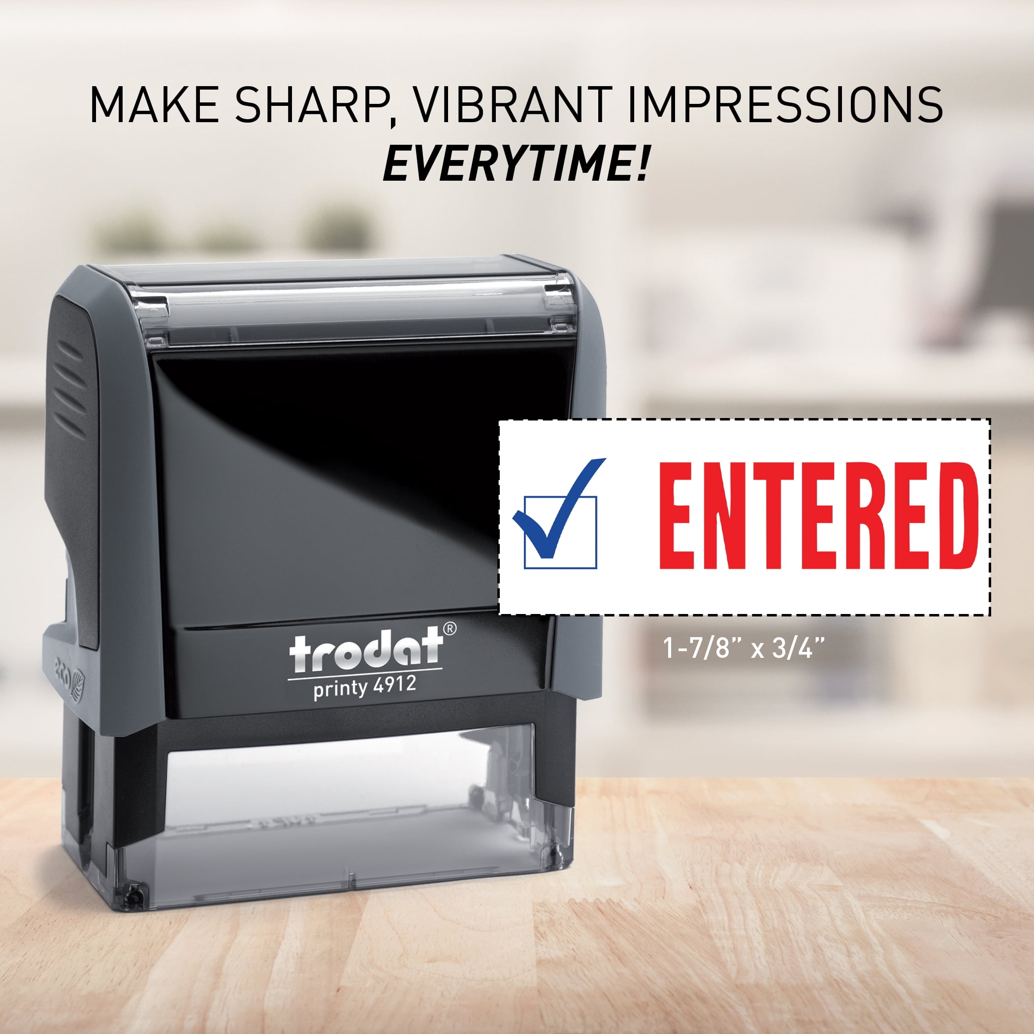 Trodat Stamp 4912 Office Printy with English Text ENTERED – Self Inking, Red and Blue Ink, Impression Size 3/4" x 1-7/8"
