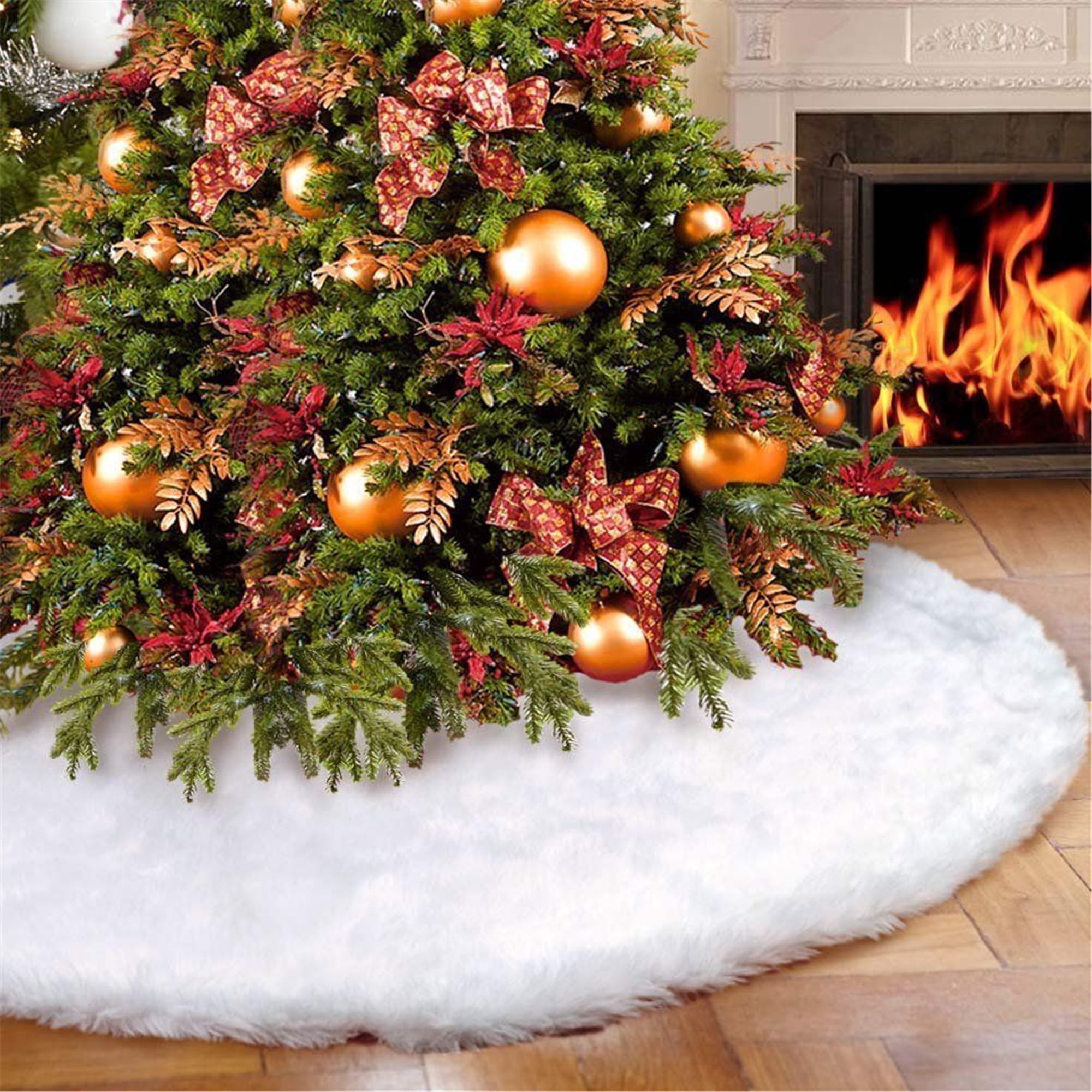 Blue Christmas Tree Skirt,36 in Fur Tree Skirt with White Snowflakes for Holiday 
