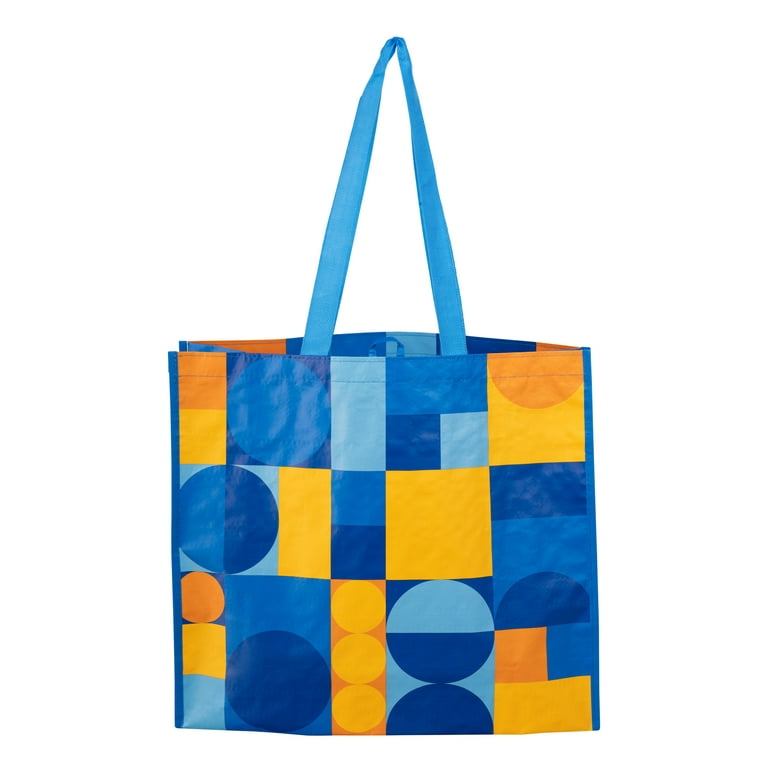 Reusable, Multi-Functional Wide Grocery Bag, Blue and Yellow Abstract  Design 