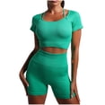 thumbnail image 2 of Idoravan Women Sets Clothing Clearance Womens Casual Fashion Bodybuilding Run Yoga Solid Color Short Sleeve Square Neck Tops Shorts Suit, 2 of 3