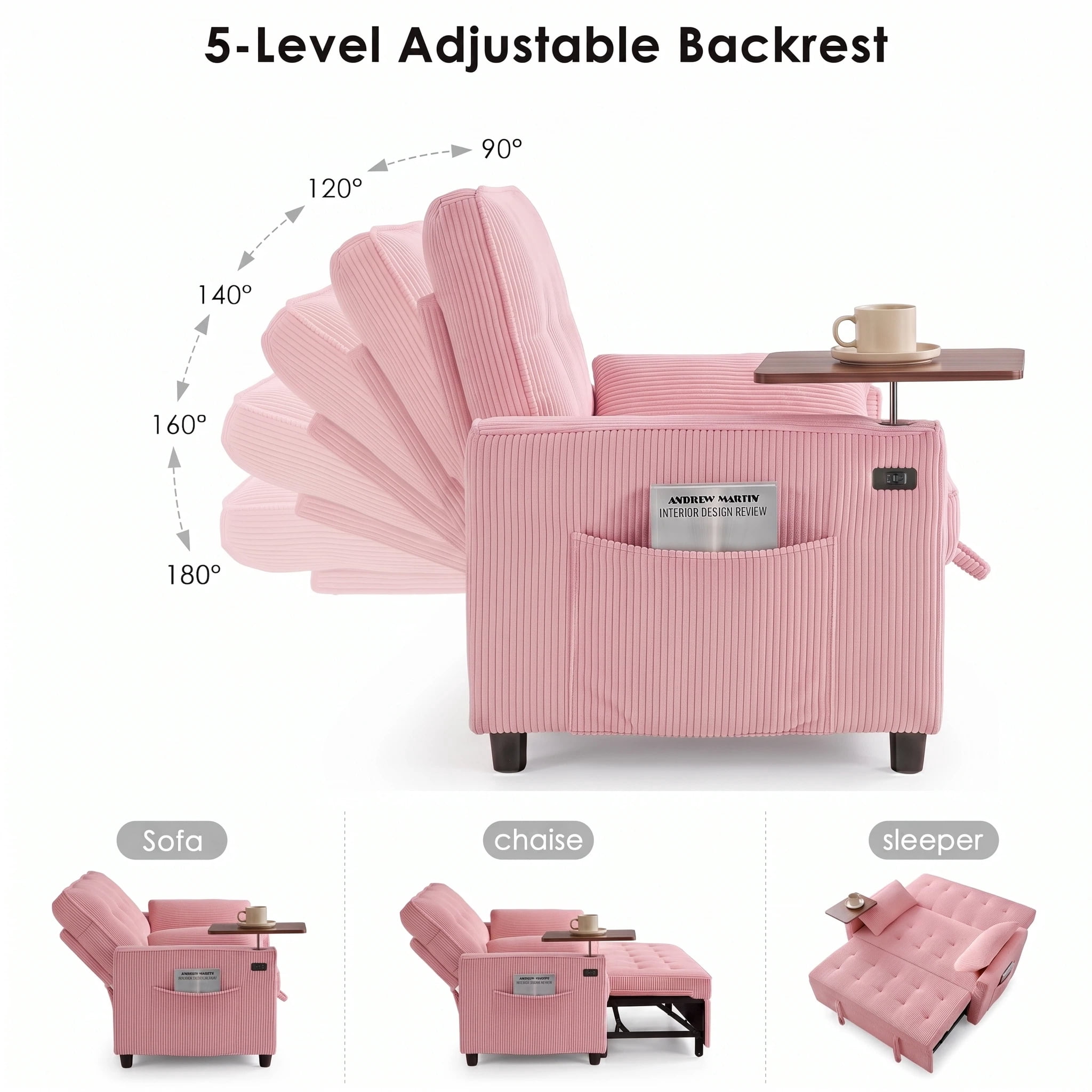 AISWORD 55" 3-in-1 Convertible Sleeper Sofa Bed, Pull Out Loveseat Couch with Side Tray Table & USB Charging Port, Adjustable Backrest Sofa for Apartment, Bedroom, Office, Pink