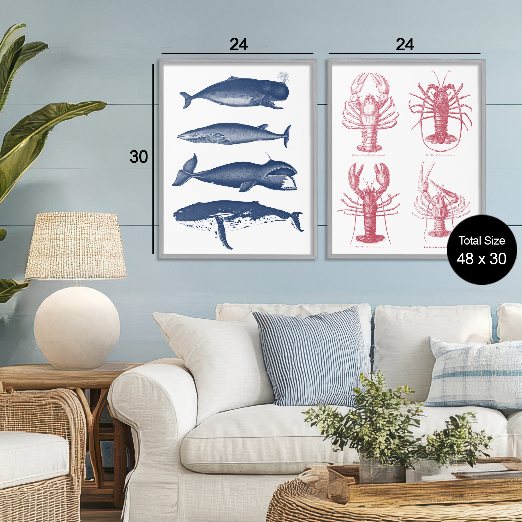 Marine Whales & Lobsters 2 Piece Gray Framed Giclee Art Set, design by Lettered and Lined
