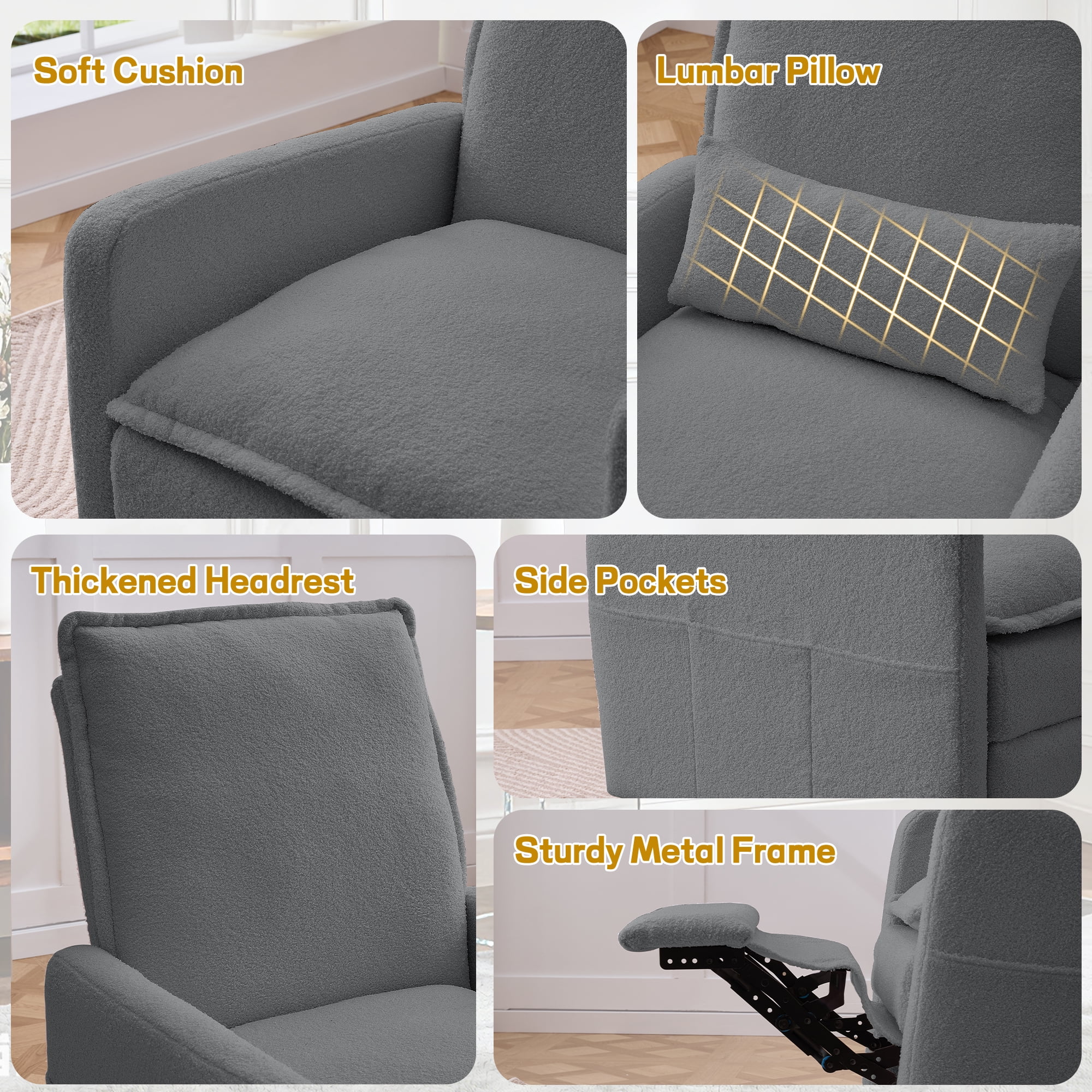 Korser Manual Swivel Rocker Recliner Chair with Side Pockets Nursery Glider Recliner for Living Room, Nursery, Grey