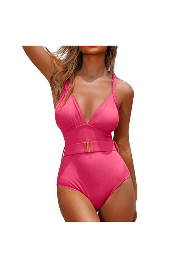 One-Piece Swimsuit with Belt Women Spaghetti Straps V-Neck Bathing Suit with Padded Soft Bras Monokini Swimwear for Summer Vacations Red M