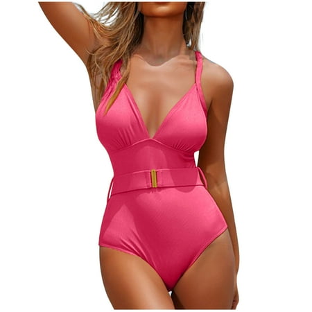 Virmaxy Women s Solid Color One-piece Swimsuit Without Steel Sexy Backless Strappy Tankini Camisole Waist Cinching Swimwear With Bra Padded for Pool Party Vacation Red-3 M