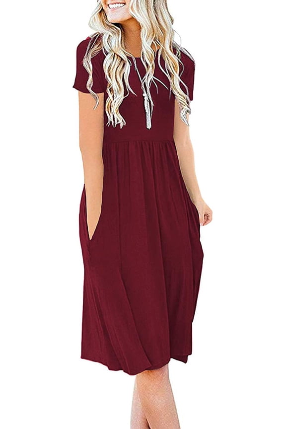 JuneFish Women's Summer Casual Short Sleeve Dressy Dresses Empire Waist Knee Length Dress with Pockets