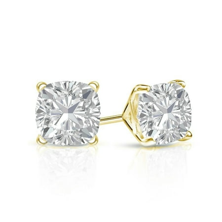 18k Brilliant Cut Stud - 1.00 dwt Cushion Cut C&C Forever One Moissanite Stud Earring 18K Yellow Gold
