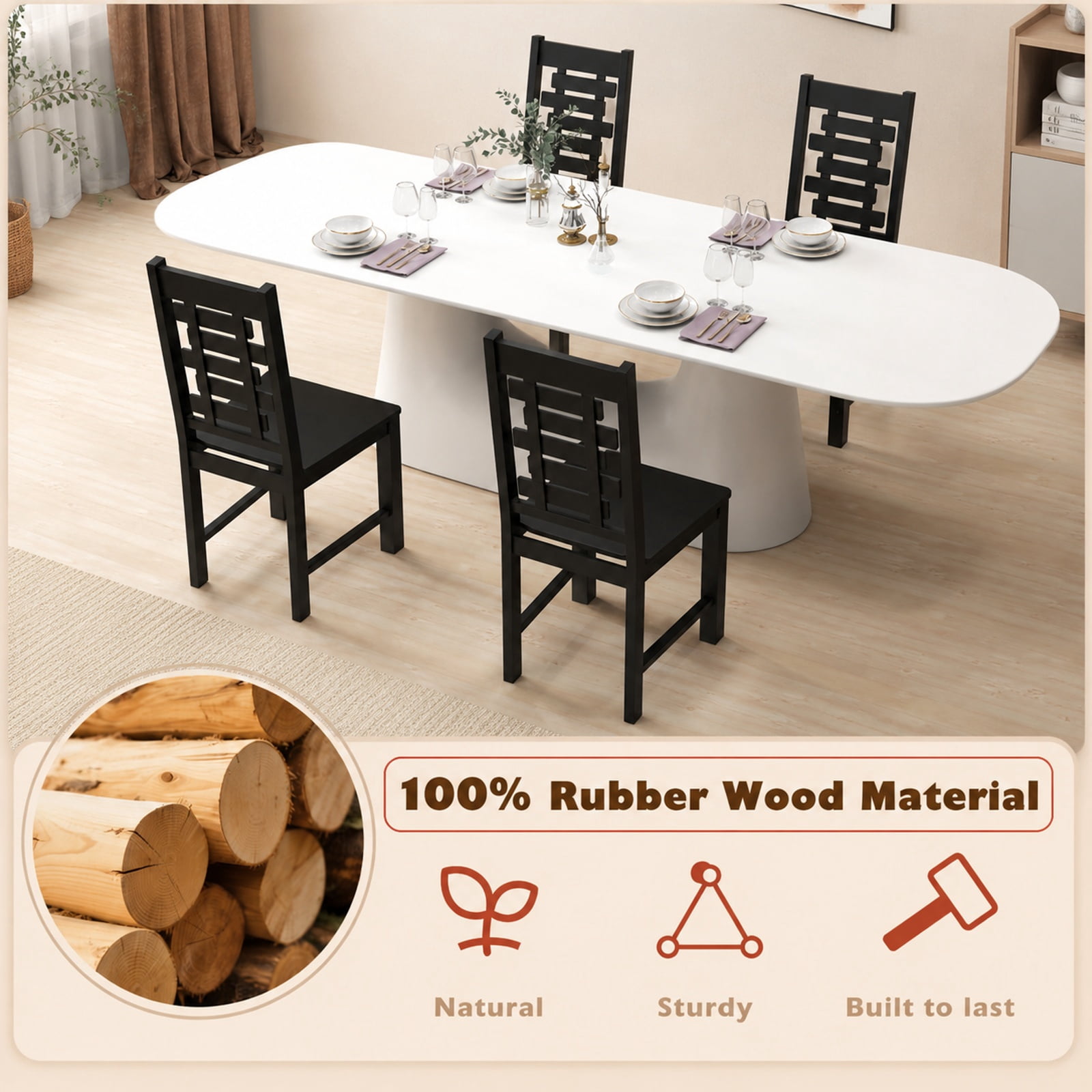 Furnibear Wooden Dining Chairs Set of 2 Solid Rubber Wood Kitchen Chairs with Curved Backrest for Kitchen and Dining Room, Black