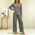 thumbnail image 6 of Women's V-Neck Loungewear Two Piece Set Loose Long Sleeve Top and Straight Leg Full Length Pants Soft Breathable Casual Pajama Set Dark Gray, 6 of 7