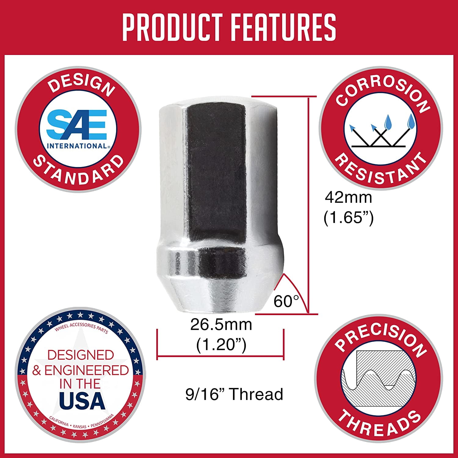 20 Pcs 9/16" Thread | 0603-6433AA |611-204 | 1.66" Long OEM Style Lug Nuts Chrome 7/8" Hex, Silver, Fits 2009-10 Dodge Dakota 2003-09 Durango 2002-11 Ram 1500