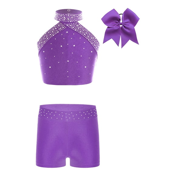 Kaerm Kids Girls Figure Skating Gymnastic Workout Outfits Halter Dance Crop Tops with Shorts and Headwear Set Tracksuit Purple 12
