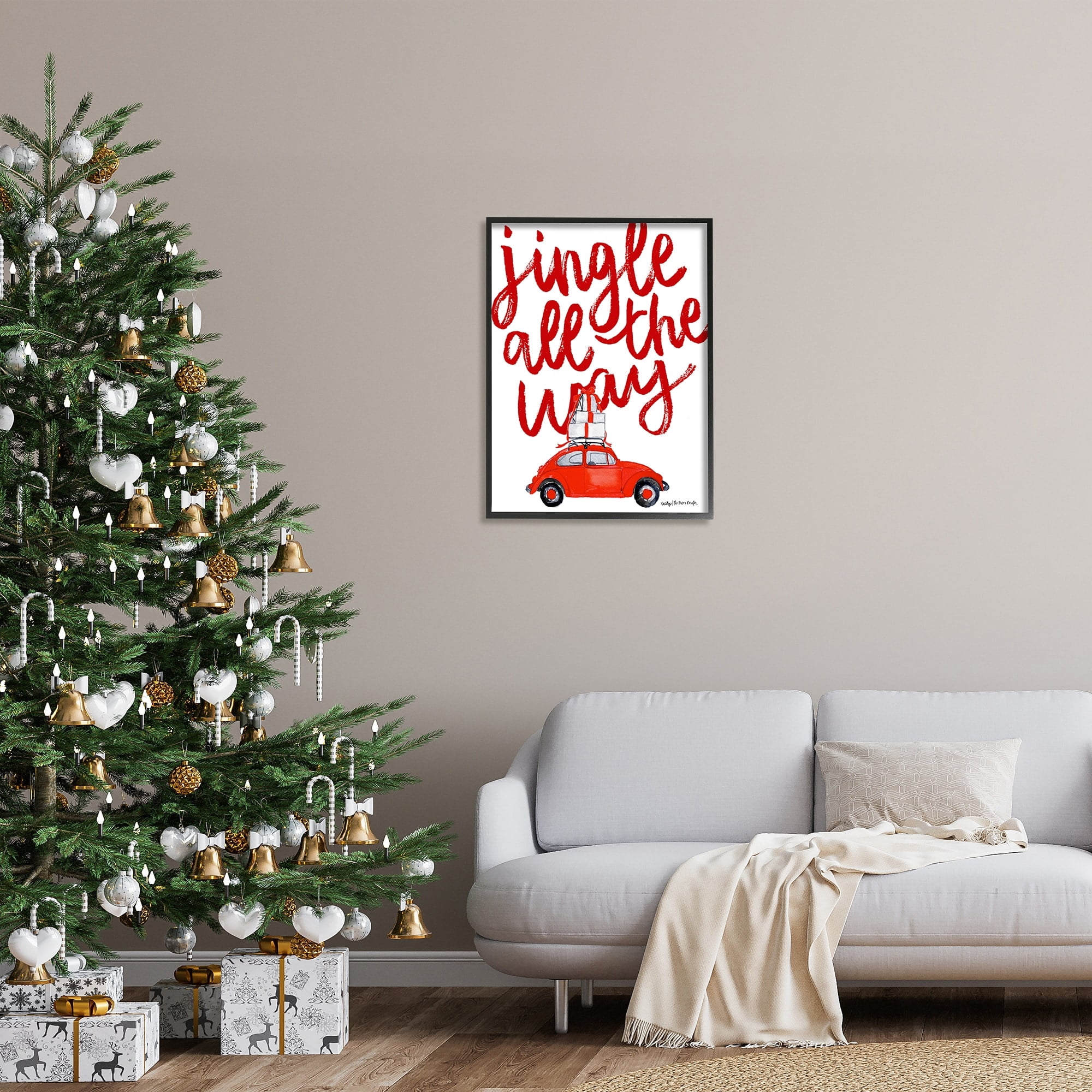 Stupell Industries Jingle All The Way Holiday Gifts Red Car Driving Graphic Art Black Framed Art Print Wall Art, Design by Cecily Moore