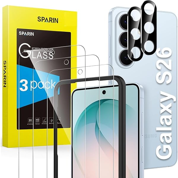 xixishop Screen Protector for Samsung Galaxy S26, 3 Tempered Glass Screen Protector with 2 Camera Lens Protector, Fingerprint ID Compatible, Installation Alignment Frame Included